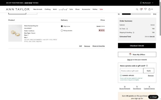 Ann Taylor Factory checkout page showing Ann Taylor Factory promo code box | Screenshot taken by SimplyCodes community member on Jul 28, 2025