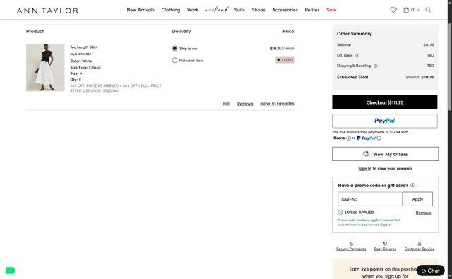 Ann Taylor Factory checkout page showing Ann Taylor Factory promo code box | Screenshot taken by SimplyCodes community member on Jul 28, 2025