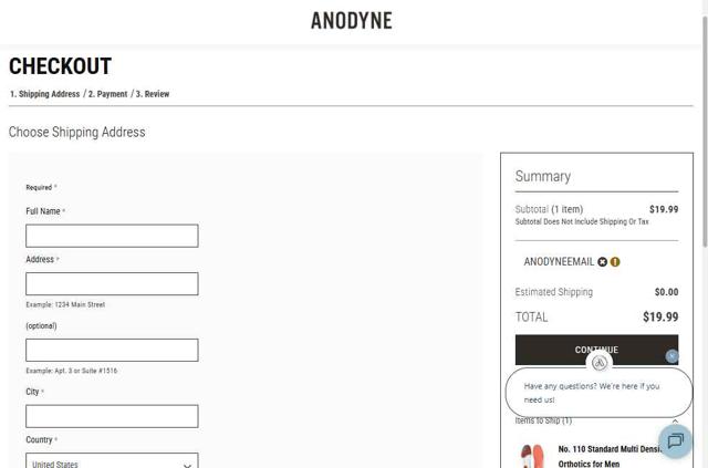Anodyne Shoes checkout page showing Anodyne Shoes promo code box | Screenshot taken by SimplyCodes community member on Aug 31, 2025