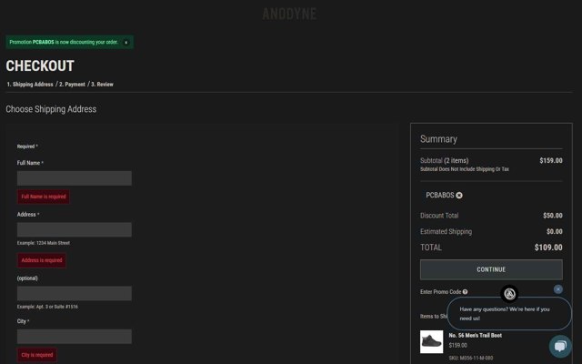 Anodyne Shoes checkout page showing Anodyne Shoes promo code box | Screenshot taken by SimplyCodes community member on Jul 13, 2025