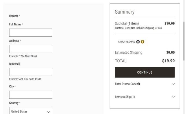 Anodyne Shoes checkout page showing Anodyne Shoes promo code box | Screenshot taken by SimplyCodes community member on Sep 8, 2025