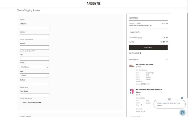 Anodyne Shoes checkout page showing Anodyne Shoes promo code box | Screenshot taken by SimplyCodes community member on Aug 20, 2025
