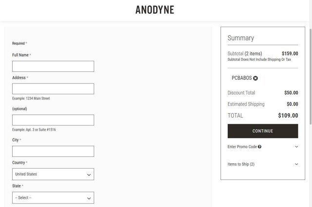 Anodyne Shoes checkout page showing Anodyne Shoes promo code box | Screenshot taken by SimplyCodes community member on Aug 26, 2025