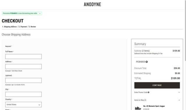 Anodyne Shoes checkout page showing Anodyne Shoes promo code box | Screenshot taken by SimplyCodes community member on Jul 28, 2025