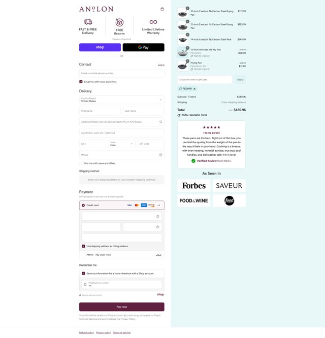 Anolon checkout page showing Anolon discount code box | Screenshot taken by SimplyCodes community member on Aug 31, 2025