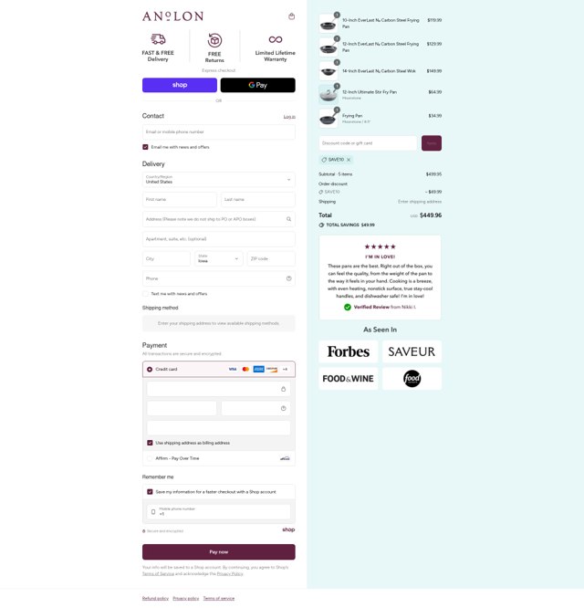 Anolon checkout page showing Anolon discount code box | Screenshot taken by SimplyCodes community member on Sep 4, 2025