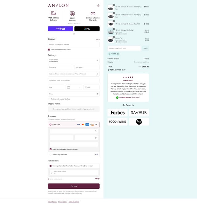 Anolon checkout page showing Anolon discount code box | Screenshot taken by SimplyCodes community member on Aug 27, 2025