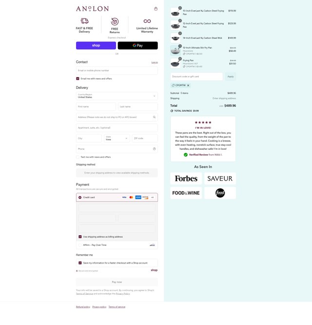 Anolon checkout page showing Anolon discount code box | Screenshot taken by SimplyCodes community member on Aug 31, 2025