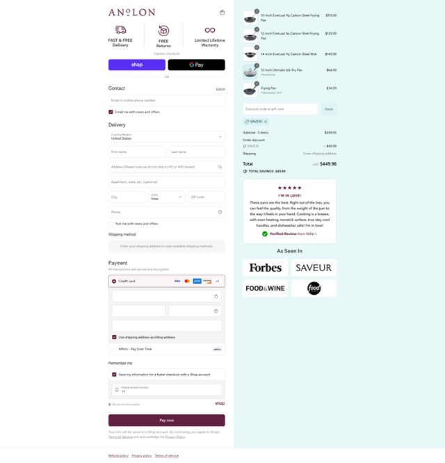 Anolon checkout page showing Anolon discount code box | Screenshot taken by SimplyCodes community member on Aug 31, 2025