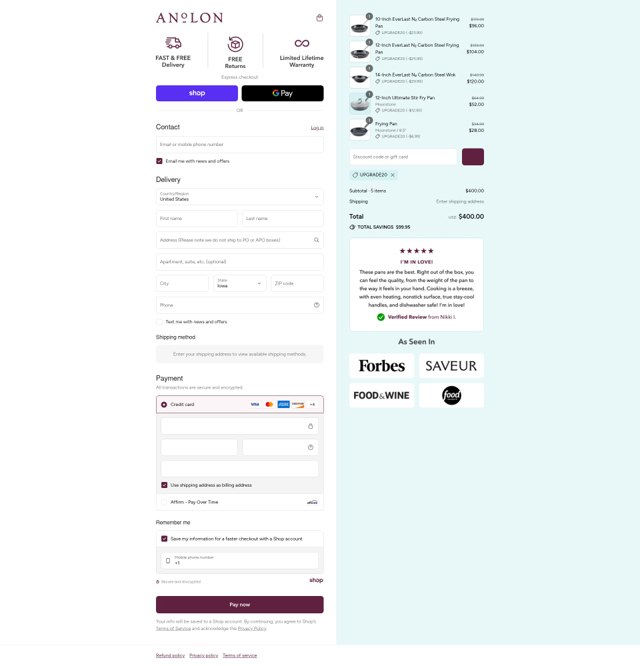 Anolon checkout page showing Anolon discount code box | Screenshot taken by SimplyCodes community member on Sep 4, 2025