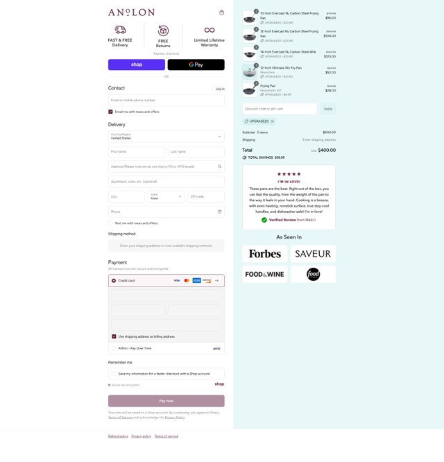 Anolon checkout page showing Anolon discount code box | Screenshot taken by SimplyCodes community member on Aug 31, 2025