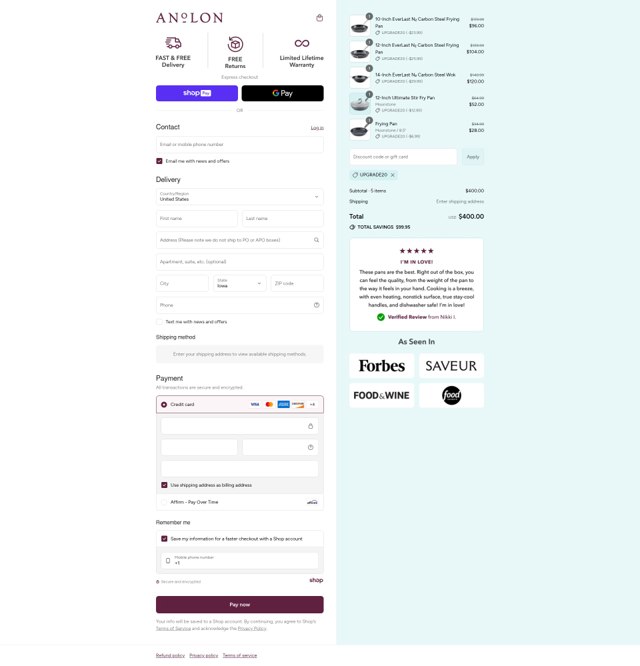 Anolon checkout page showing Anolon discount code box | Screenshot taken by SimplyCodes community member on Aug 27, 2025