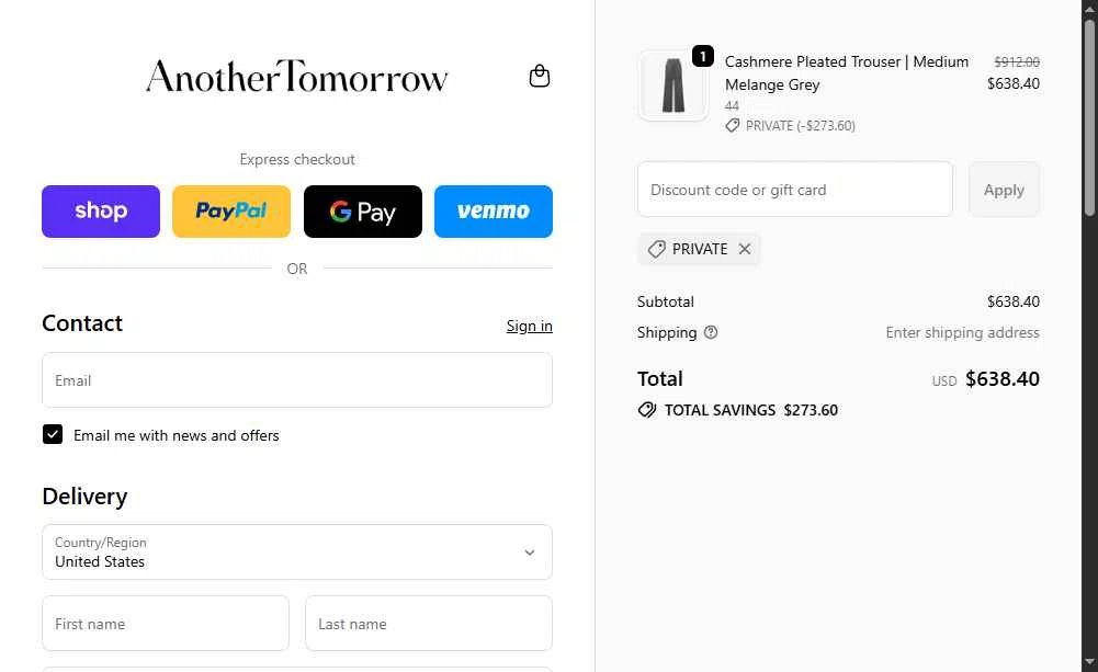 Another Tomorrow checkout page showing Another Tomorrow promo code box | Screenshot taken by SimplyCodes community member on Dec 18, 2025