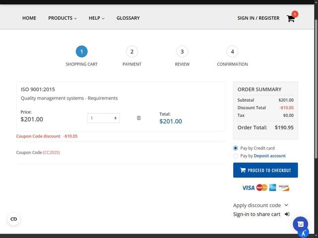 ANSI Webstore checkout page showing ANSI Webstore discount code box | Screenshot taken by SimplyCodes community member on May 5, 2025