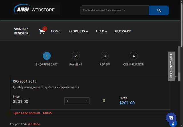ANSI Webstore checkout page showing ANSI Webstore discount code box | Screenshot taken by SimplyCodes community member on May 5, 2025