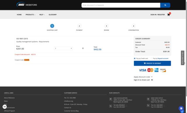 ANSI Webstore checkout page showing ANSI Webstore discount code box | Screenshot taken by SimplyCodes community member on May 5, 2025