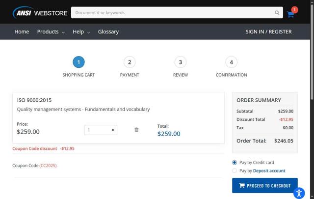 ANSI Webstore checkout page showing ANSI Webstore discount code box | Screenshot taken by SimplyCodes community member on Aug 21, 2025