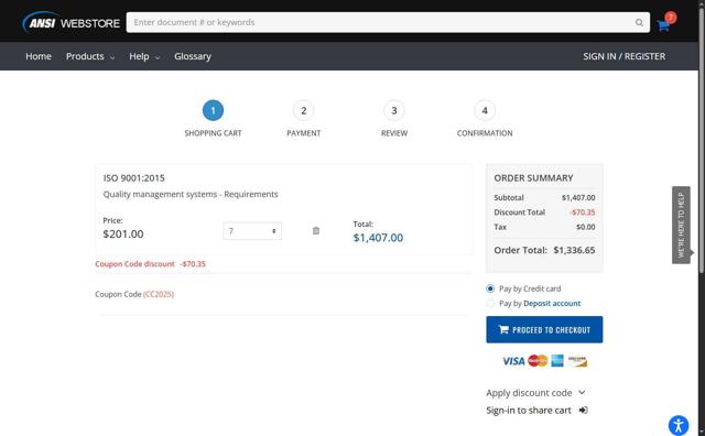 ANSI Webstore checkout page showing ANSI Webstore discount code box | Screenshot taken by SimplyCodes community member on Jun 6, 2025