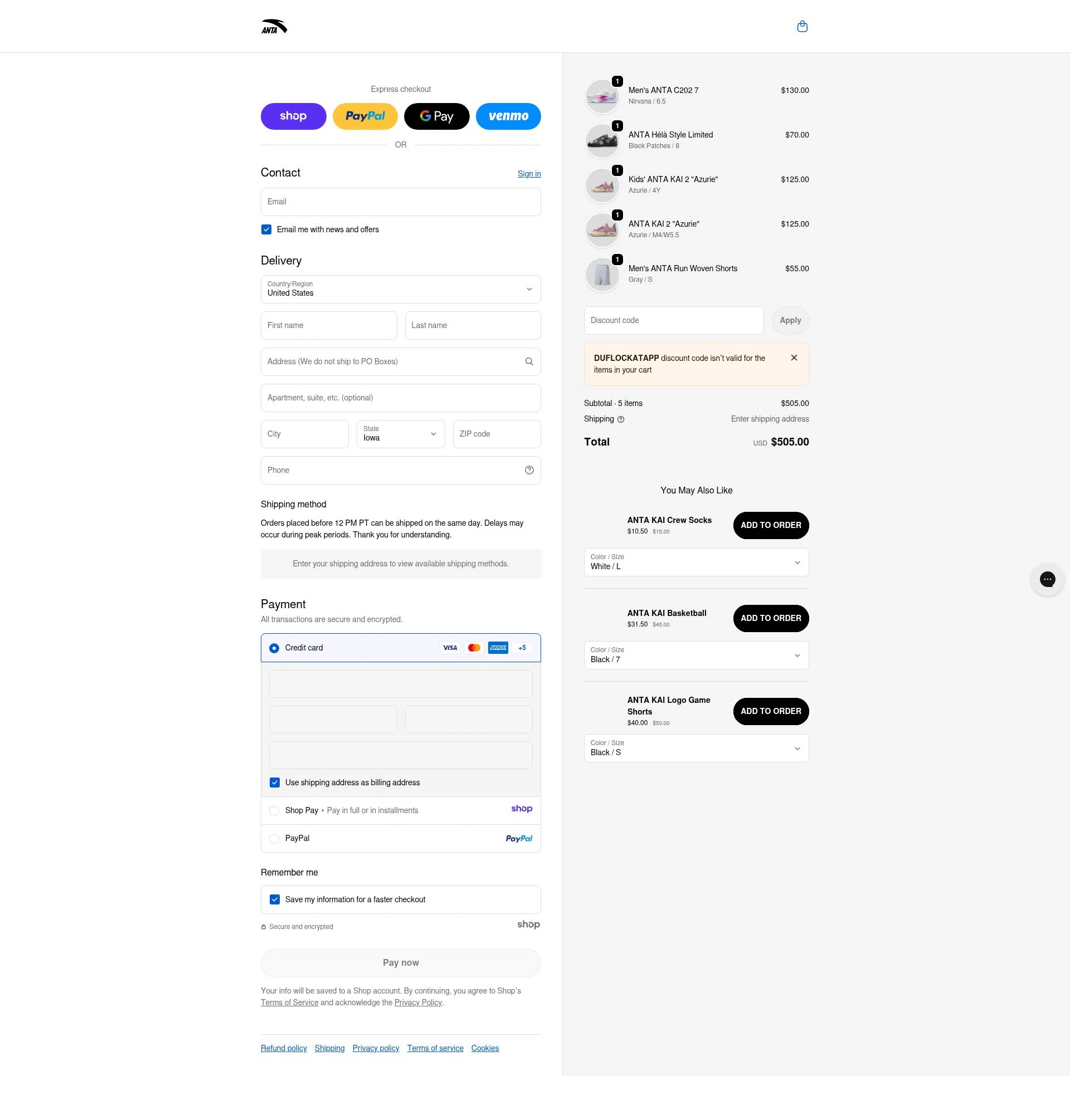 ANTA US checkout page showing ANTA US promo code box | Screenshot taken by SimplyCodes community member on Dec 22, 2025