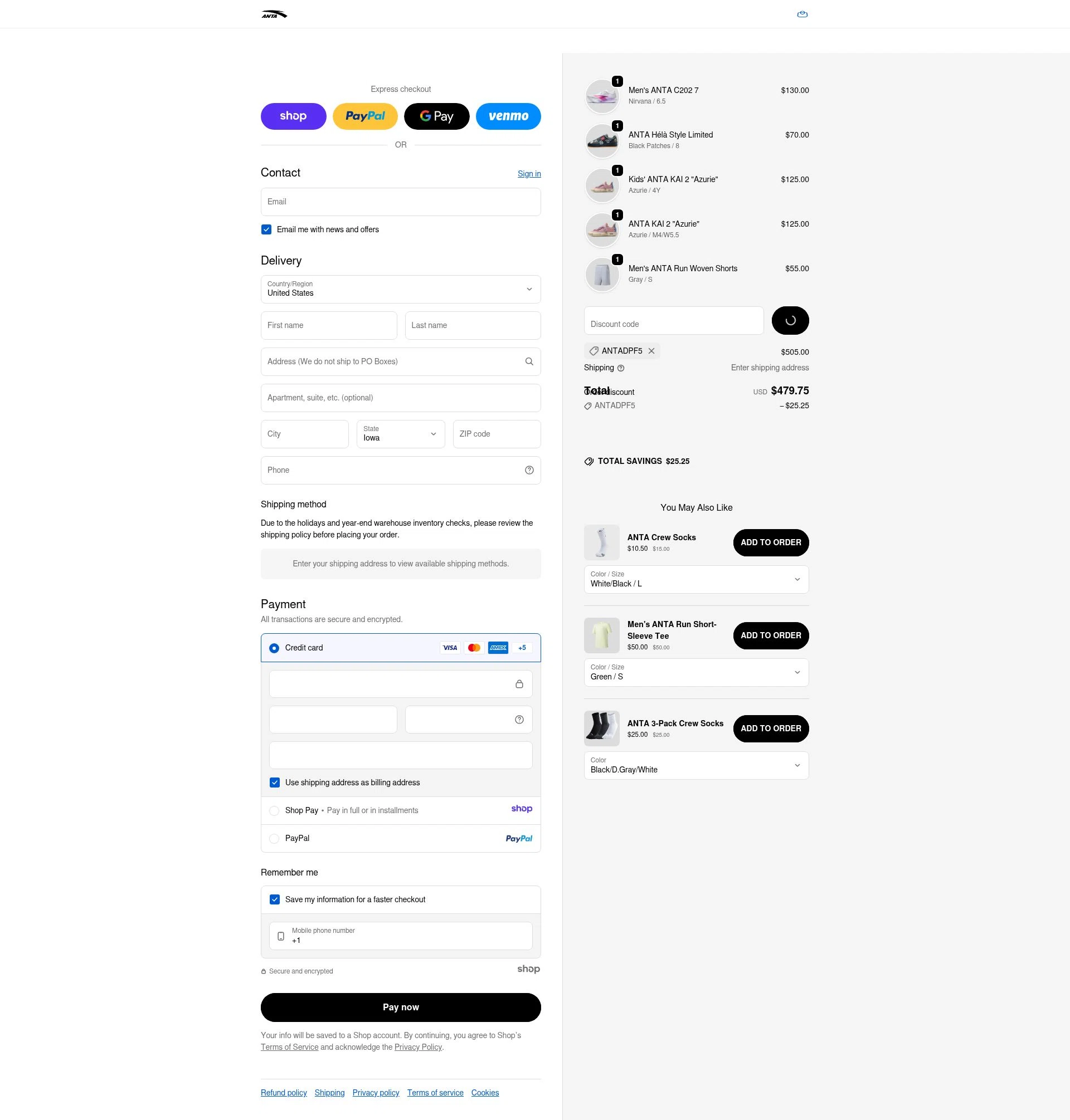 ANTA US checkout page showing ANTA US promo code box | Screenshot taken by SimplyCodes community member on Jan 1, 2026