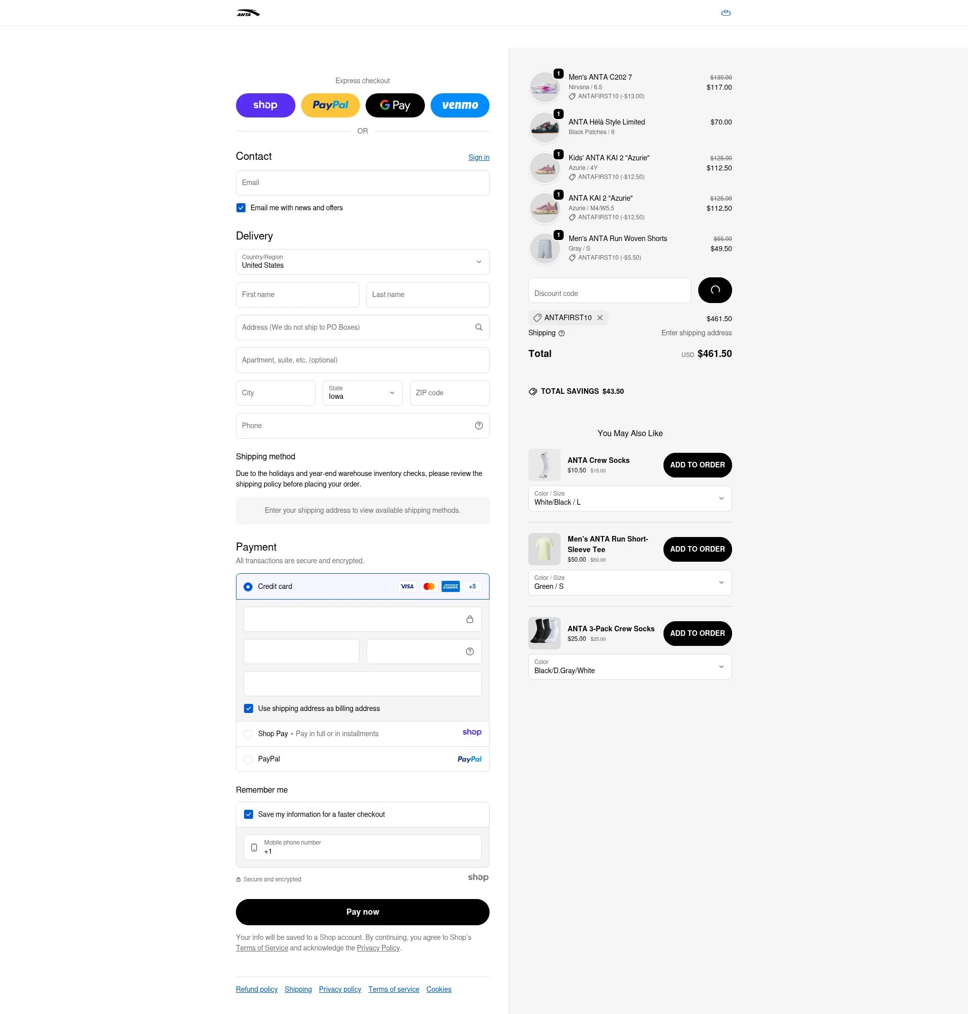 ANTA US checkout page showing ANTA US promo code box | Screenshot taken by SimplyCodes community member on Jan 1, 2026