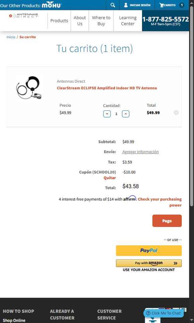 Antennas Direct checkout page showing Antennas Direct coupon code box | Screenshot taken by SimplyCodes community member on Aug 10, 2025