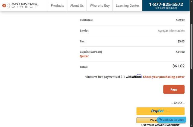 Antennas Direct checkout page showing Antennas Direct coupon code box | Screenshot taken by SimplyCodes community member on Aug 4, 2025