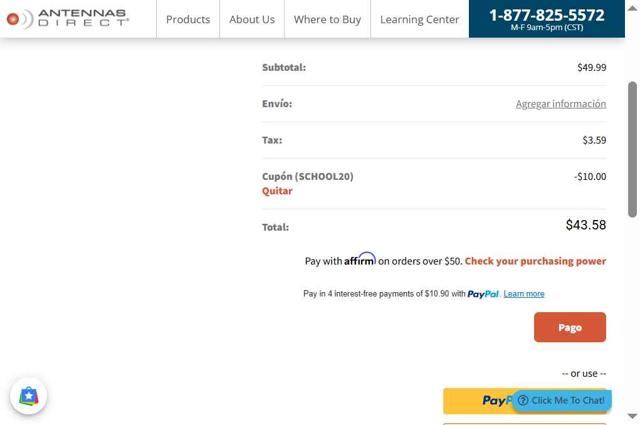 Antennas Direct checkout page showing Antennas Direct coupon code box | Screenshot taken by SimplyCodes community member on Aug 22, 2025