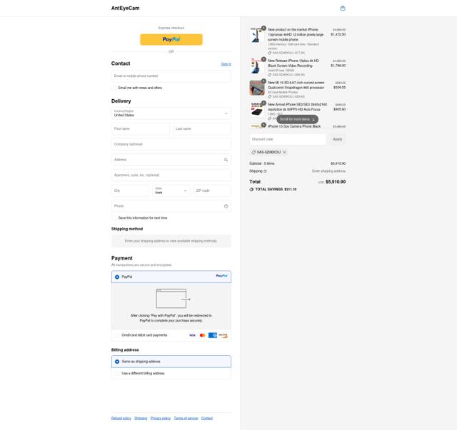 AntEyeCam checkout page showing AntEyeCam promo code box | Screenshot taken by SimplyCodes community member on Sep 12, 2025