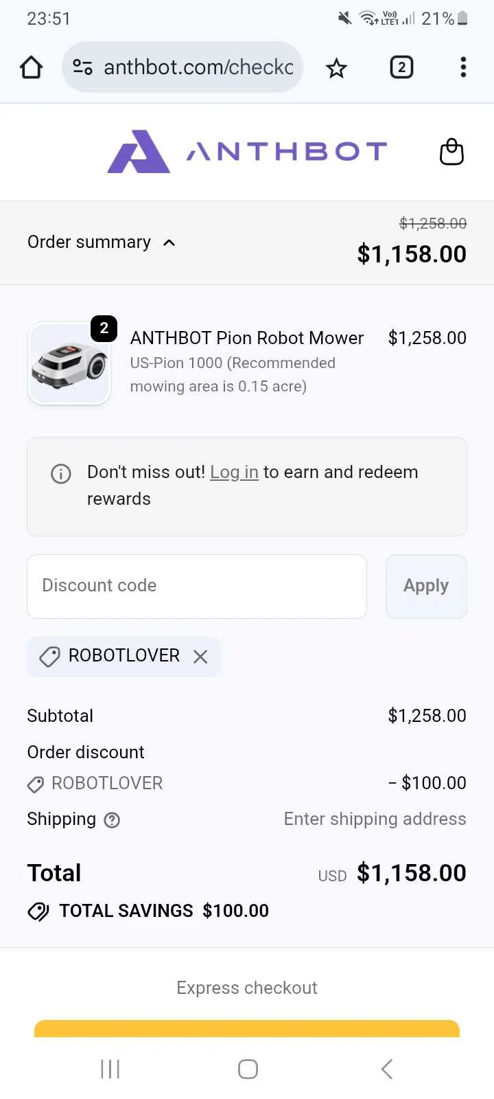 Anthbot promo code screenshot showing code ROBOTLOVER applied at Anthbot checkout page. Uploaded by SimplyCodes community member Celebrity on Oct 17, 2025