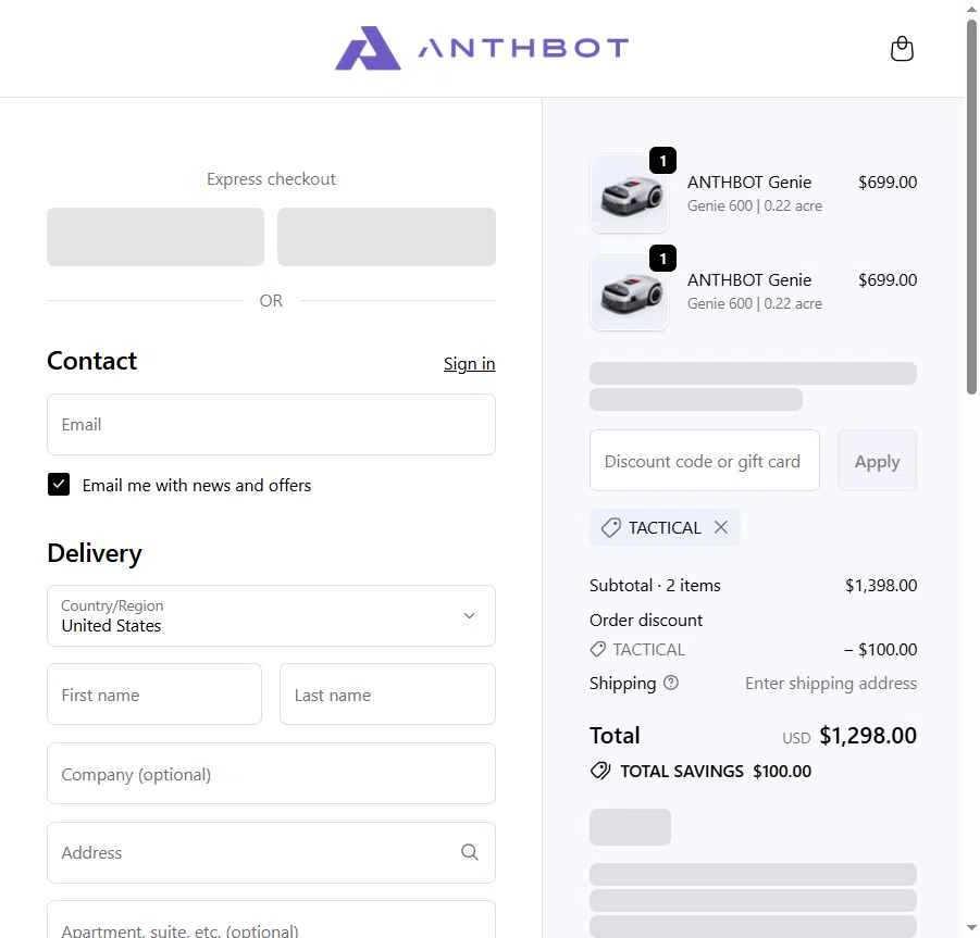 Anthbot checkout page showing Anthbot promo code box | Screenshot taken by SimplyCodes community member on Dec 31, 2025