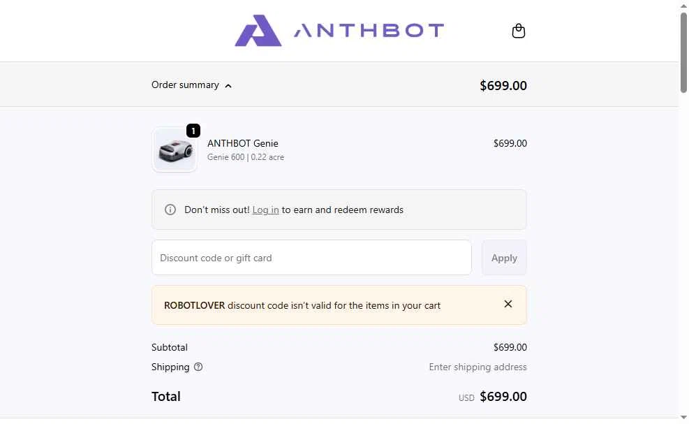 Anthbot checkout page showing Anthbot promo code box | Screenshot taken by SimplyCodes community member on Jan 7, 2026