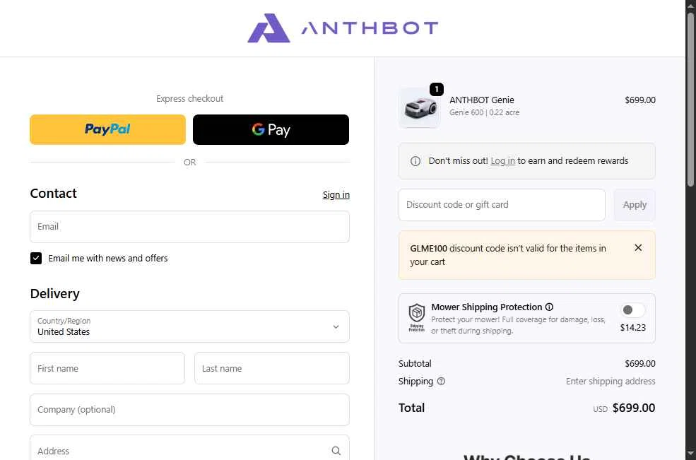 Anthbot checkout page showing Anthbot promo code box | Screenshot taken by SimplyCodes community member on Jan 9, 2026