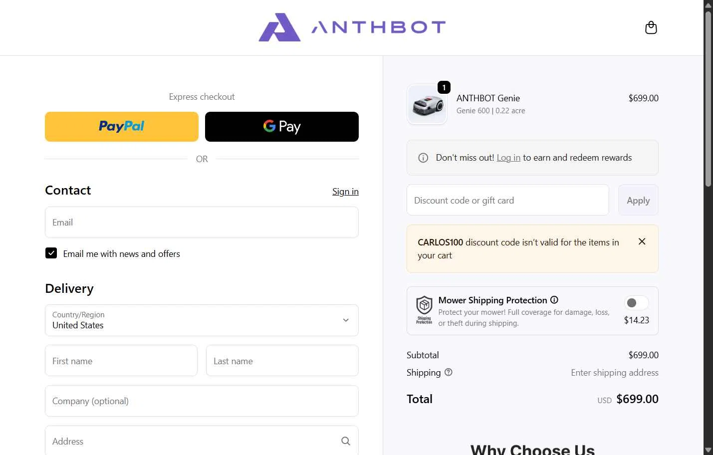 Anthbot checkout page showing Anthbot promo code box | Screenshot taken by SimplyCodes community member on Jan 7, 2026