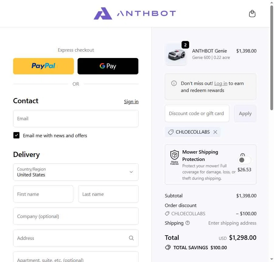Anthbot checkout page showing Anthbot promo code box | Screenshot taken by SimplyCodes community member on Jan 7, 2026