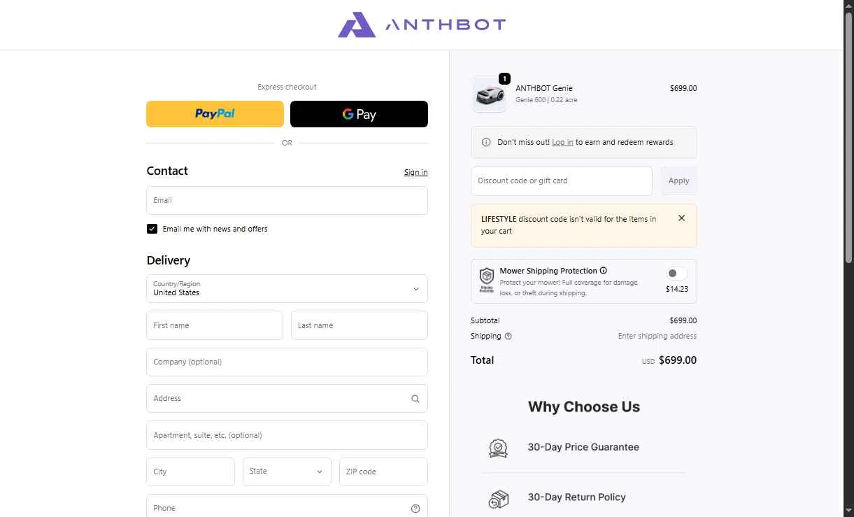 Anthbot checkout page showing Anthbot promo code box | Screenshot taken by SimplyCodes community member on Jan 7, 2026