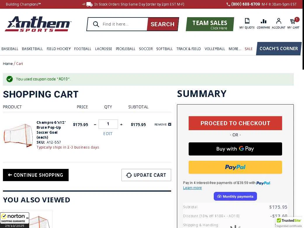 Anthem Sports checkout page showing Anthem Sports coupon code box | Screenshot taken by SimplyCodes community member on Oct 30, 2025