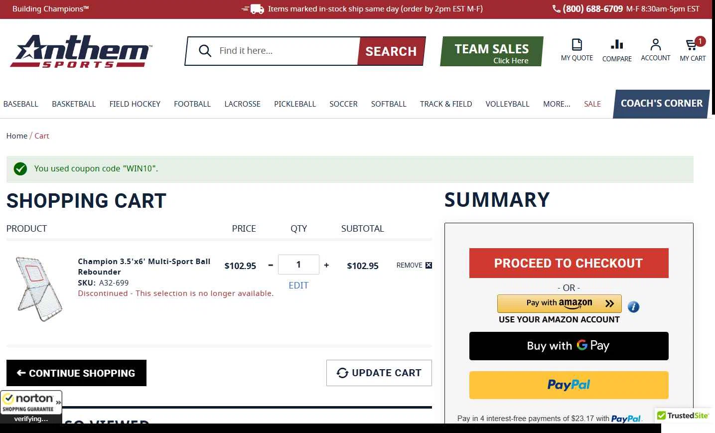Anthem Sports checkout page showing Anthem Sports coupon code box | Screenshot taken by SimplyCodes community member on Jan 7, 2026