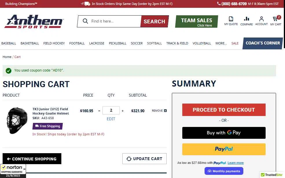 Anthem Sports checkout page showing Anthem Sports coupon code box | Screenshot taken by SimplyCodes community member on Aug 21, 2025