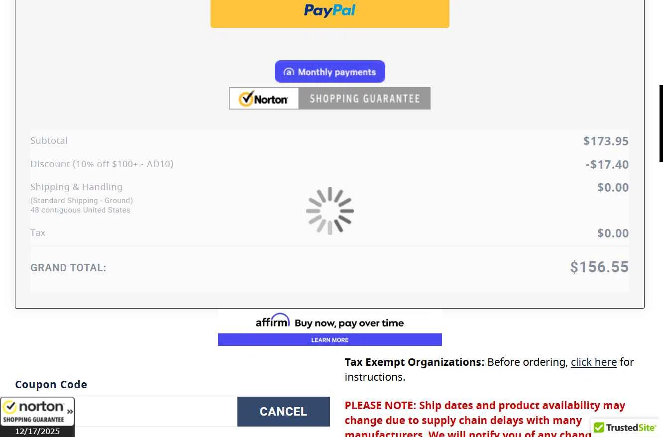 Anthem Sports checkout page showing Anthem Sports coupon code box | Screenshot taken by SimplyCodes community member on Dec 17, 2025