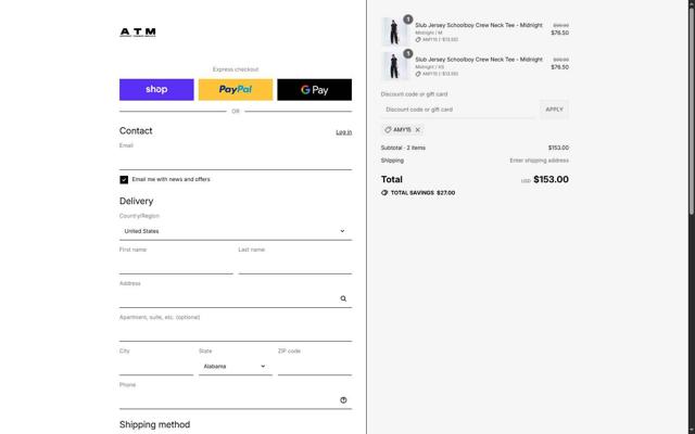 ATM Anthony Thomas Mellilo checkout page showing ATM Anthony Thomas Mellilo promo code box | Screenshot taken by SimplyCodes community member on Sep 8, 2025
