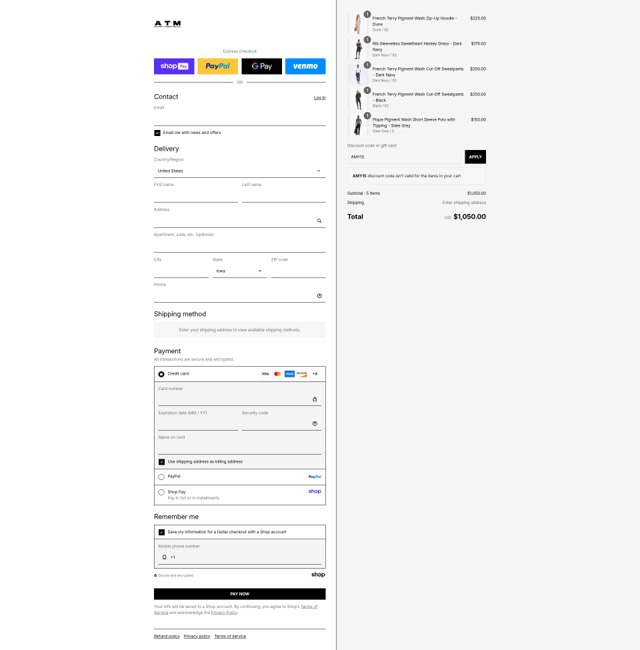 ATM Anthony Thomas Mellilo checkout page showing ATM Anthony Thomas Mellilo promo code box | Screenshot taken by SimplyCodes community member on Aug 24, 2025