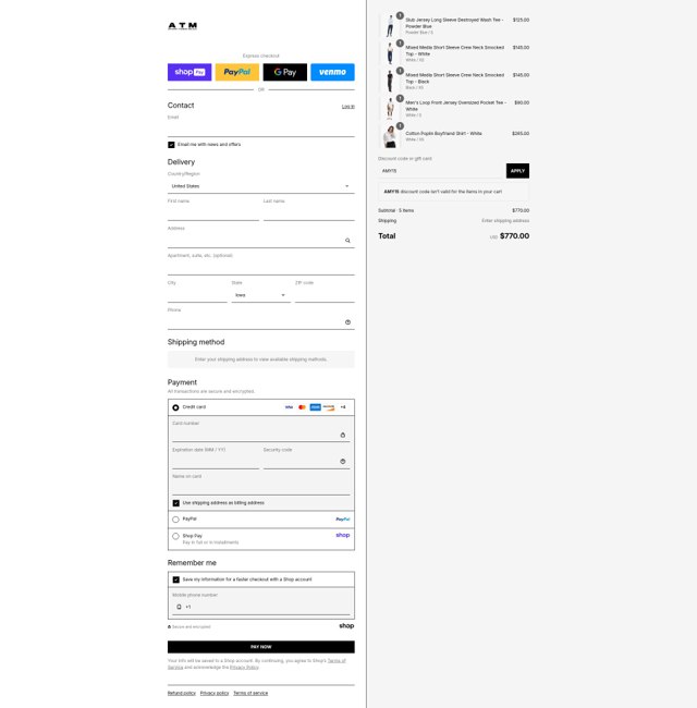 ATM Anthony Thomas Mellilo checkout page showing ATM Anthony Thomas Mellilo promo code box | Screenshot taken by SimplyCodes community member on Aug 15, 2025