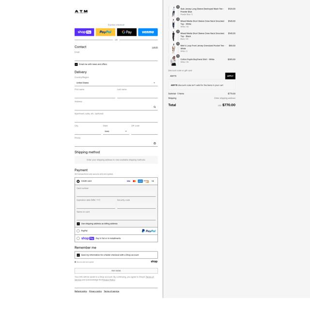 ATM Anthony Thomas Mellilo checkout page showing ATM Anthony Thomas Mellilo promo code box | Screenshot taken by SimplyCodes community member on Aug 12, 2025