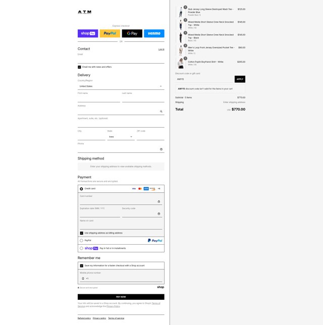 ATM Anthony Thomas Mellilo checkout page showing ATM Anthony Thomas Mellilo promo code box | Screenshot taken by SimplyCodes community member on Jul 26, 2025