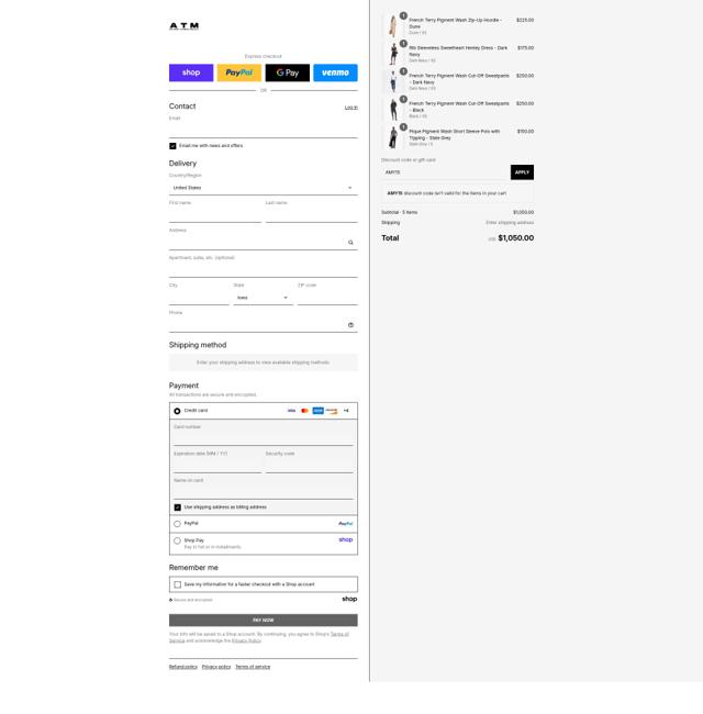 ATM Anthony Thomas Mellilo checkout page showing ATM Anthony Thomas Mellilo promo code box | Screenshot taken by SimplyCodes community member on Sep 2, 2025