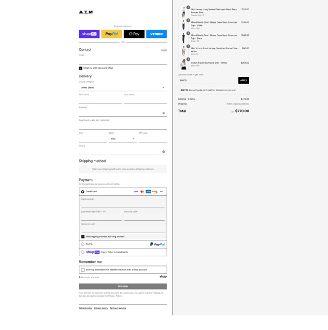 ATM Anthony Thomas Mellilo checkout page showing ATM Anthony Thomas Mellilo promo code box | Screenshot taken by SimplyCodes community member on Jul 30, 2025