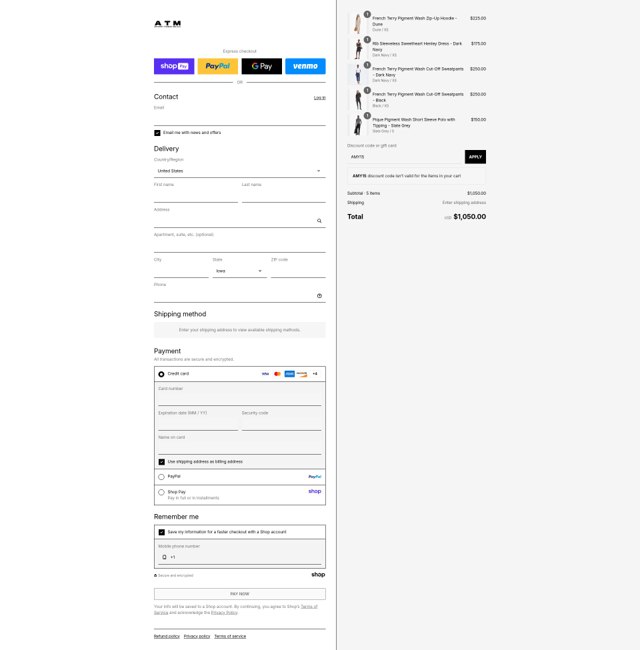 ATM Anthony Thomas Mellilo checkout page showing ATM Anthony Thomas Mellilo promo code box | Screenshot taken by SimplyCodes community member on Aug 21, 2025