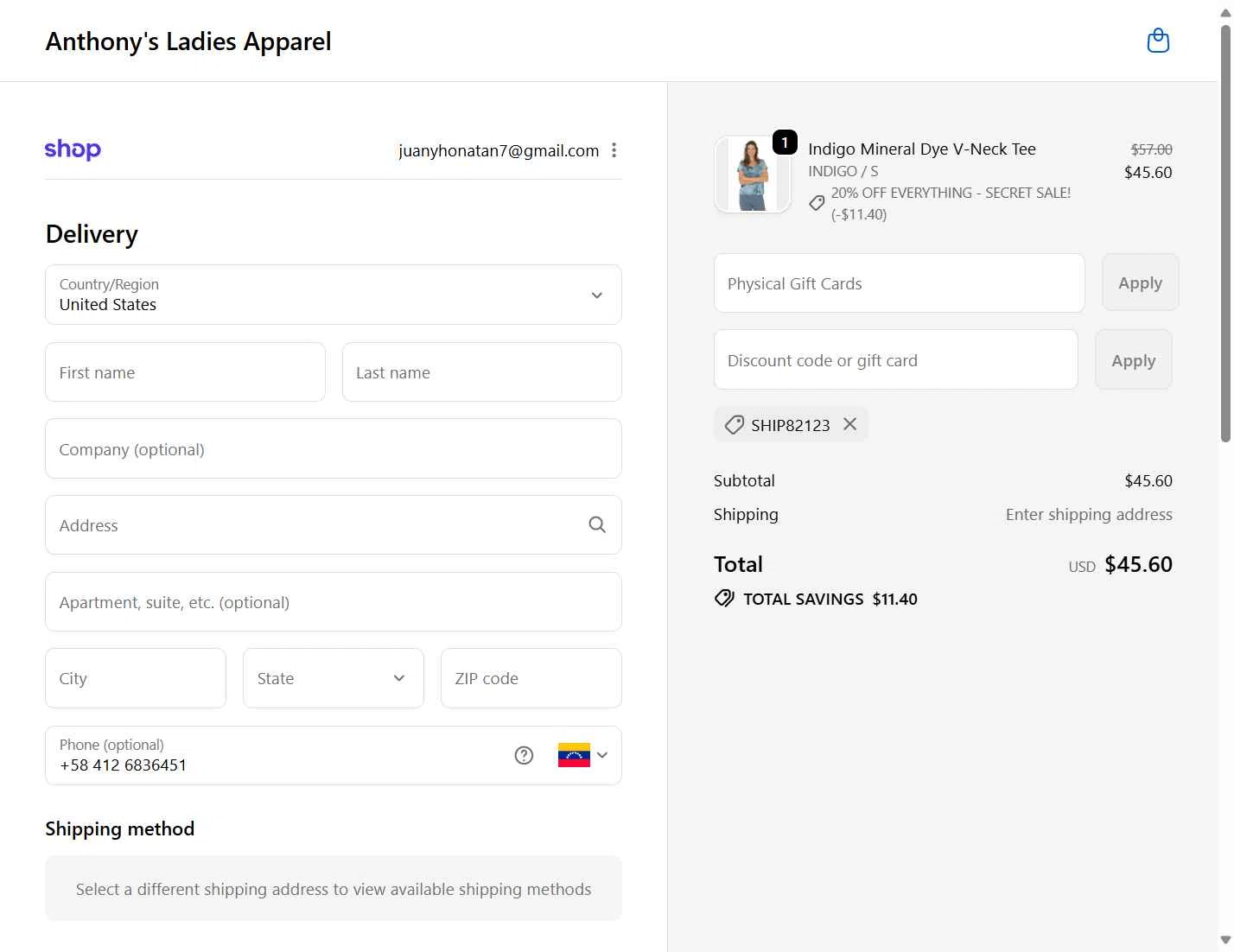 Anthony's Ladies Apparel checkout page showing Anthony's Ladies Apparel promo code box | Screenshot taken by SimplyCodes community member on Oct 19, 2025