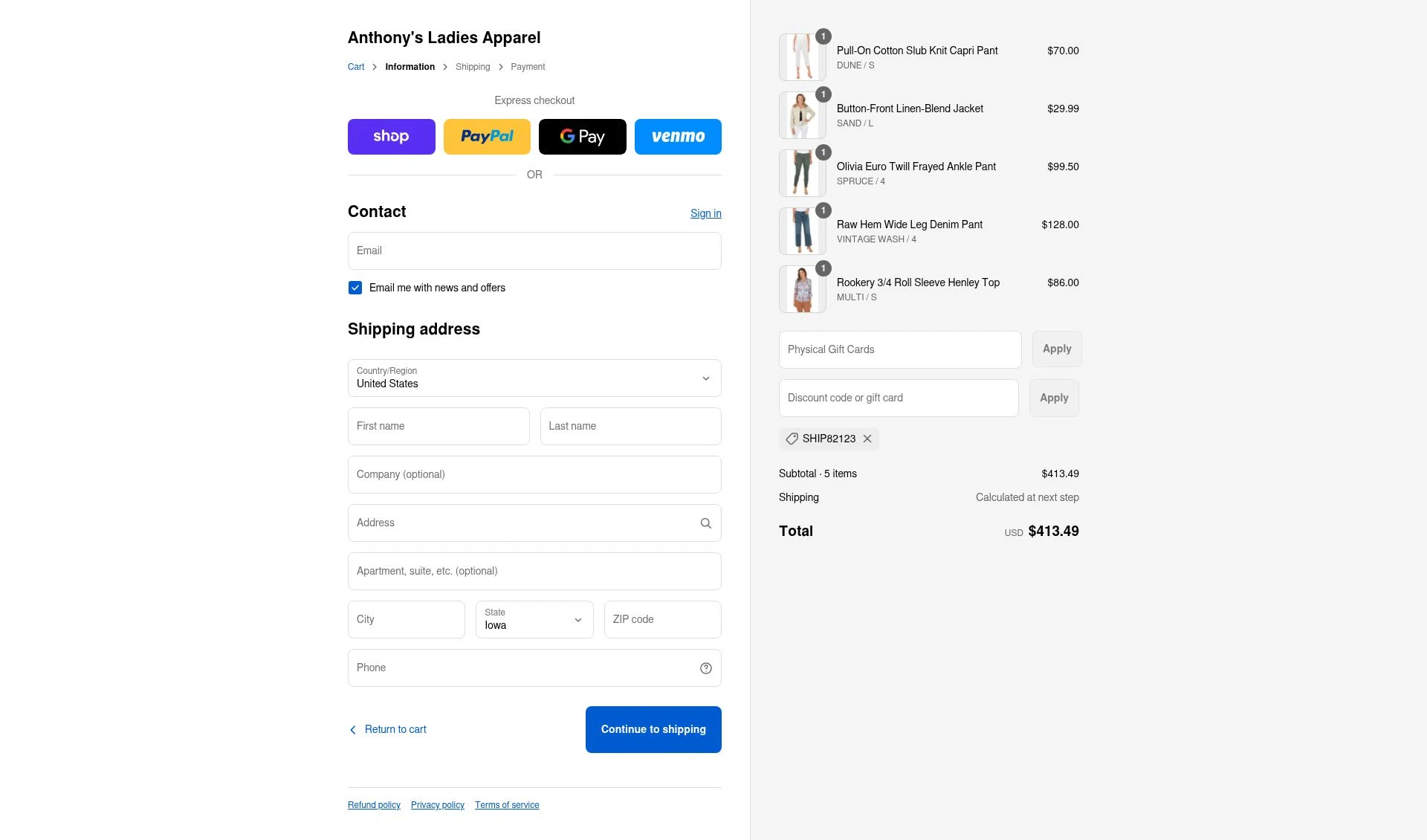 Anthony's Ladies Apparel checkout page showing Anthony's Ladies Apparel promo code box | Screenshot taken by SimplyCodes community member on Sep 11, 2025